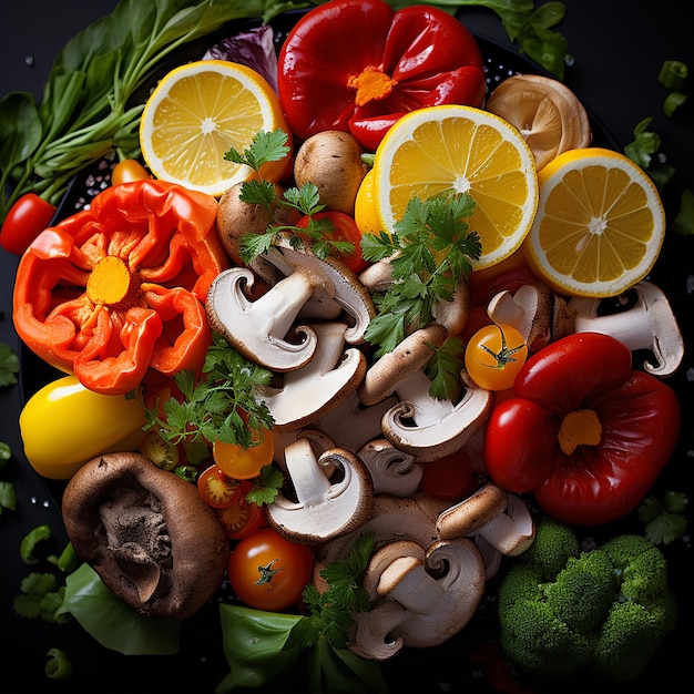 Gastronomic medley top closeup view of vegetables spices and herbs culinary symphony