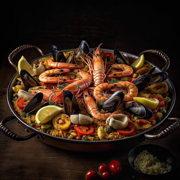 Gastronomic picture of a plate of paella marinera Typical Spanish dish