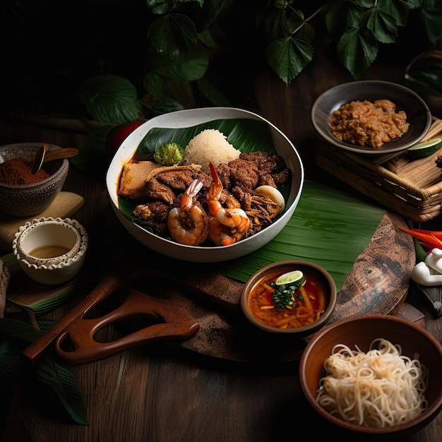 Gastronomic picture of a Thai food dish composed of prawns and noodles