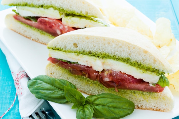 Gastronomisch broodje caprese met frites ernaast.