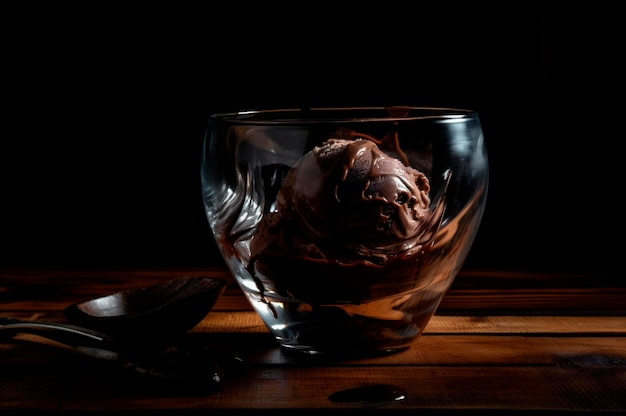 Gastronomisch chocolade-ijs in glazen kom op ijssalontafel Rustiek hout AI genereerde bevroren dessert