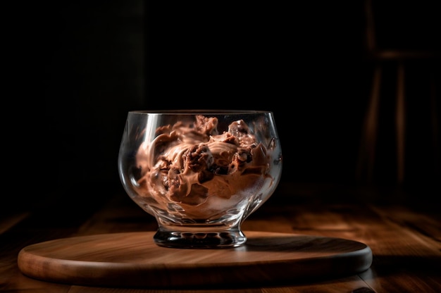 Gastronomisch chocolade-ijs in glazen kom op ijssalontafel Rustiek hout AI genereerde bevroren dessert