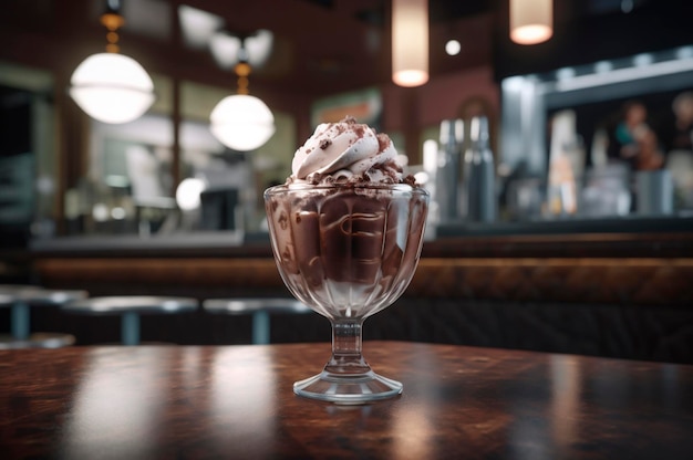 Gastronomisch chocolade-ijs in glazen kom op ijssalontafel Rustiek hout AI genereerde bevroren dessert