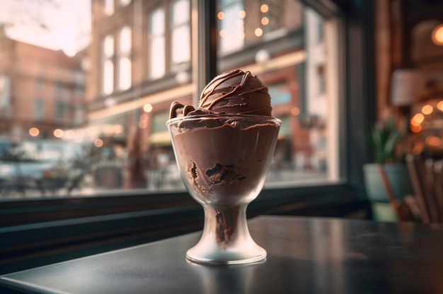 Gastronomisch chocolade-ijs in glazen kom op ijssalontafel rustiek hout ai genereerde bevroren dessert