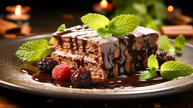 Gastronomisch dessert Plakje verse chocolade met muntblad op houten plaat