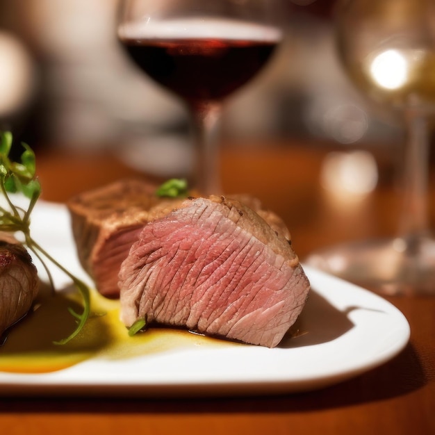Gastronomisch gegrild rundvlees filet mignon of scotch steak chateaubrian op witte plaat rode wijnglas