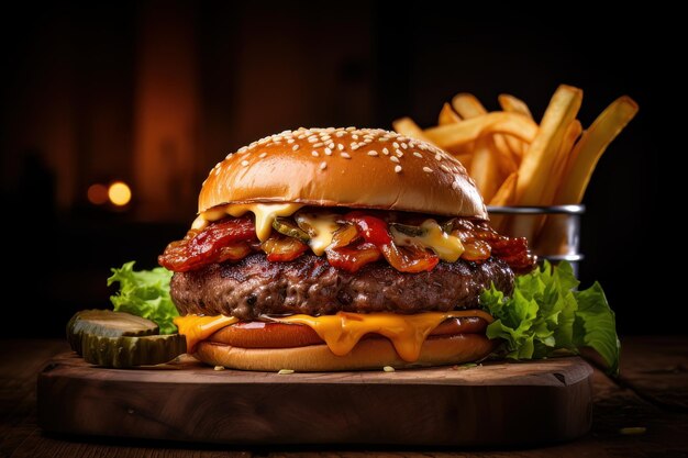 Gastronomische cheeseburger en frietjes op houten tafel