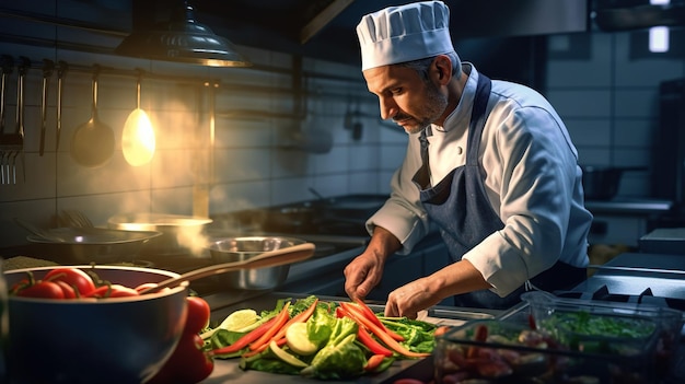 gastronomische chef-kok die voedsel bereidt in de keuken