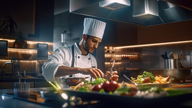 gastronomische chef-kok die voedsel bereidt in de keuken