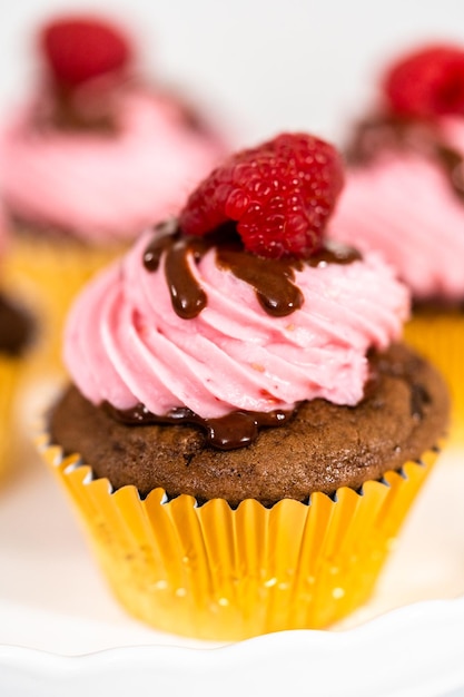 Gastronomische chocolade frambozen cupcakes besprenkeld met chocolade ganache en gegarneerd met een verse framboos