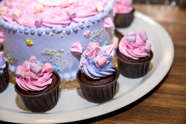 Gastronomische cupcakes met roze, violette botercreme glazuur en marshmallow