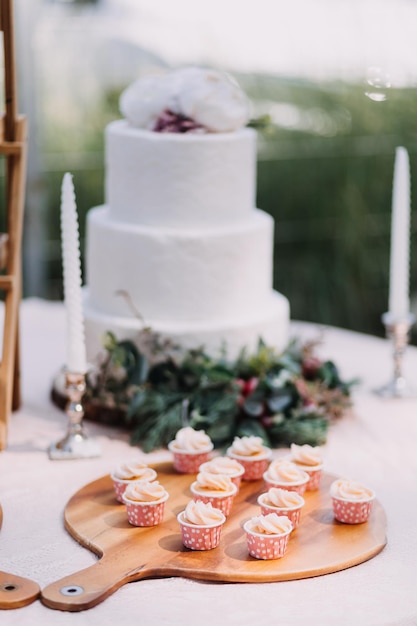 Gastronomische cupcakes met witte buttercream frosting en hagelslag op houten achtergrond