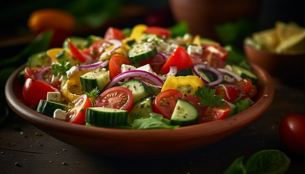 Gastronomische Griekse salade met verse groenten en feta gegenereerd door AI