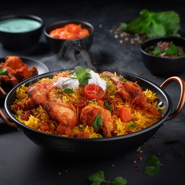 Gastronomische kip biryani met gestoomde basmatirijst