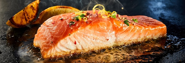 Gastronomische kotelet van verse zalm gekruid met kruiden, specerijen en citroenschil, grillen op een bakplaat met opstijgende stoom in een close-up panorama banner of header