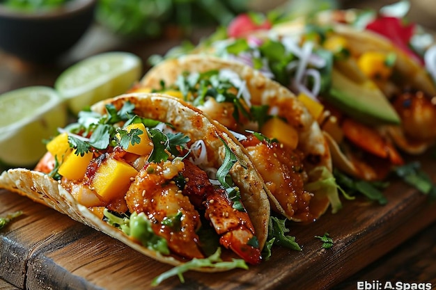 Foto gastronomische kreeftentaco's met avocado en mango