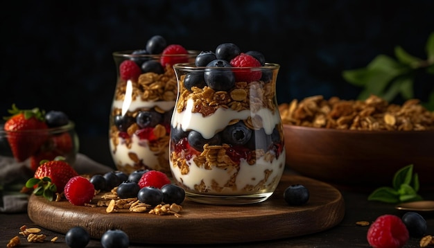 Gastronomische parfait met verse bessen en granola gegenereerd door AI