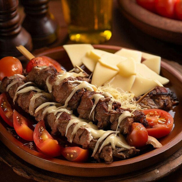 Foto gastronomische shish kebab met een vleugje kruiden