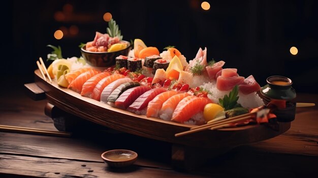 Gastronomische sushischotel met een verscheidenheid aan nigiri en sashimi geserveerd op een houten boot Generative AI