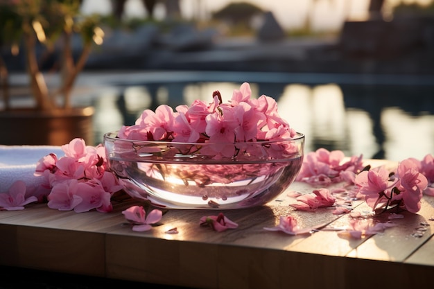 Gastvrij vooraanzicht van een zalige wellness-scène spa stenen roze bloemen handdoeken