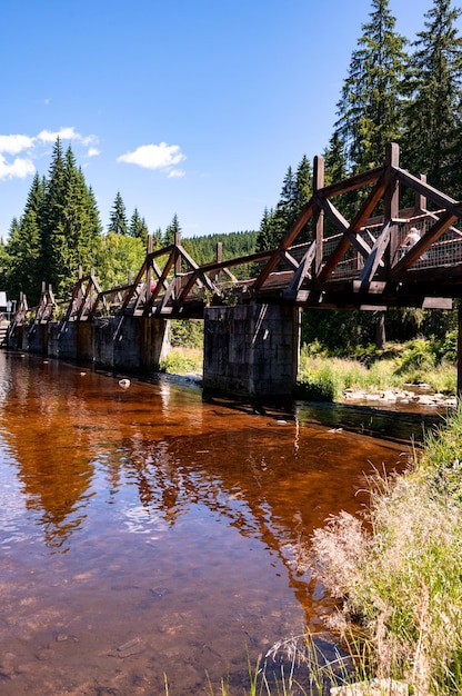 The gate bridge or rechle near Modrava is a waterworks ensuring the branching of part of the water from the river Vydra into the VchyniceTetov navigation canal Sumava national park