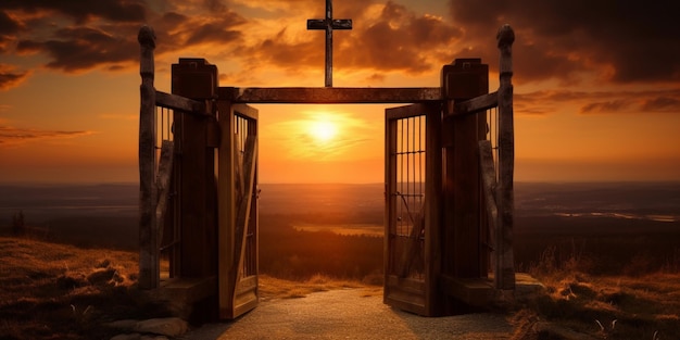 Gate to heaven on cross sunset background