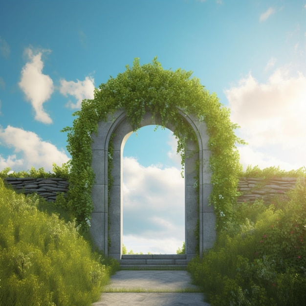 Photo a gate to heaven surrounded by greenery with light above it and sky background