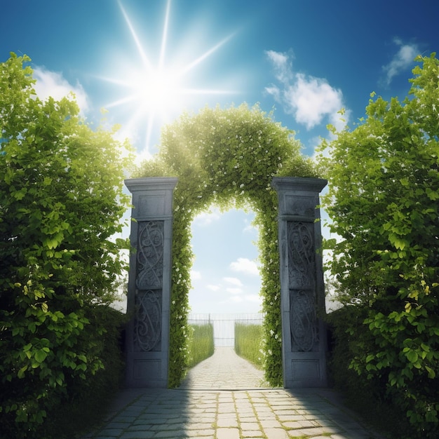 A gate to heaven surrounded by greenery with light above it and sky background