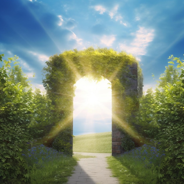Ворота в рай в окружении зелени со светом над ними и фоном неба