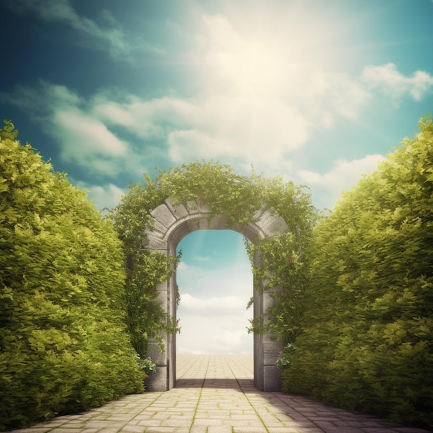 A gate to heaven surrounded by greenery with light above it and sky background
