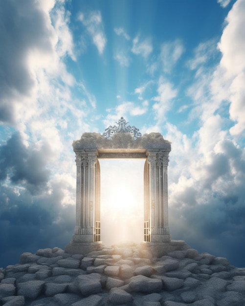 A gate to heaven with a light at the top