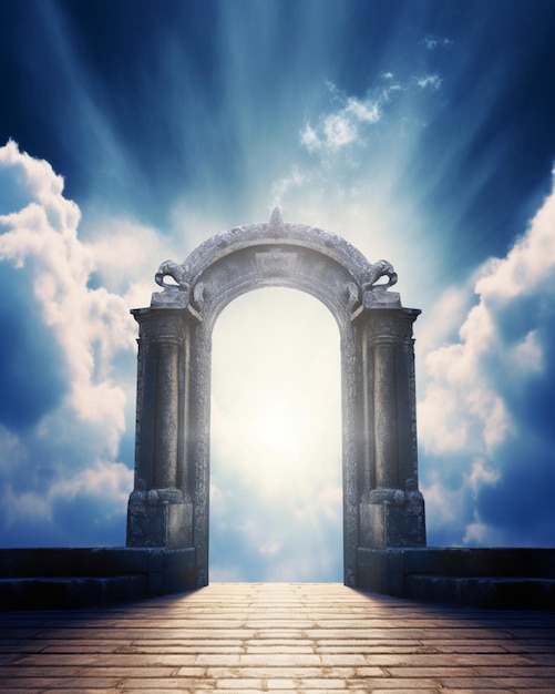 A gate to heaven with a light at the top