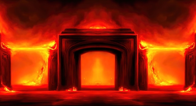 지옥으로 가는 문 죽음의 영역으로 가는 통로 악마 루시퍼의 영역으로 가는 문 모든 것이 불타고 있다 지옥불 3d 그림