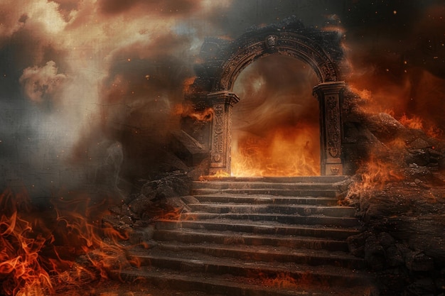 Photo gate to hell with steps and fire