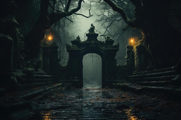 Ворота с вороньим фоном страшные ворота кладбища Генеративный ИИ