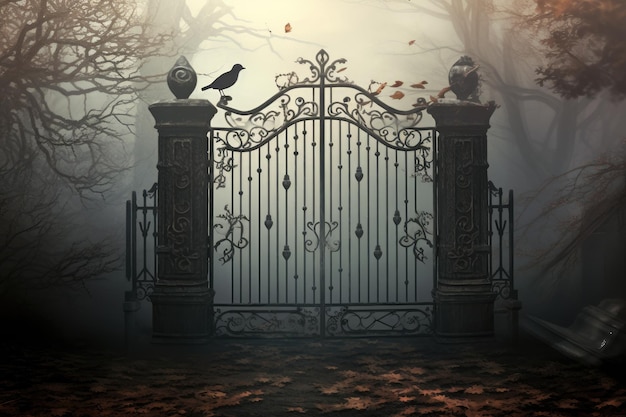 Gate with crow background scary cemetery gate Generative AI