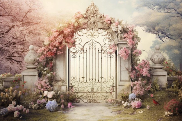 A gate with a gate and flowers on the background of the gate