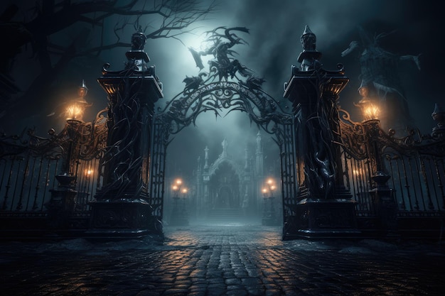 Gate with Halloween theme background scary cemetery gate Generative AI