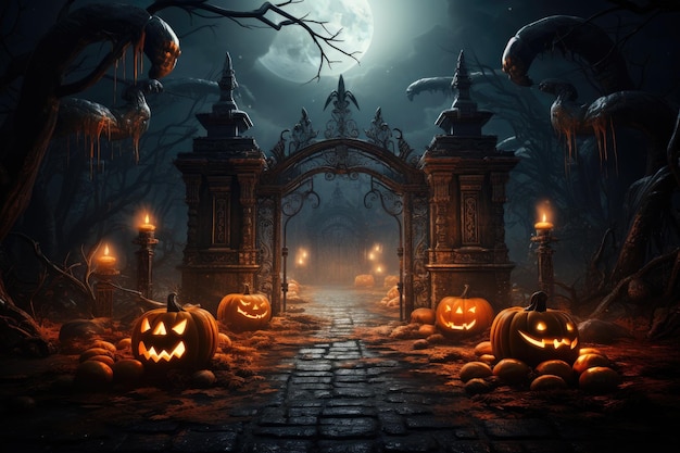 Ворота с тематикой Хэллоуина на заднем плане страшные ворота кладбища Генеративный ИИ