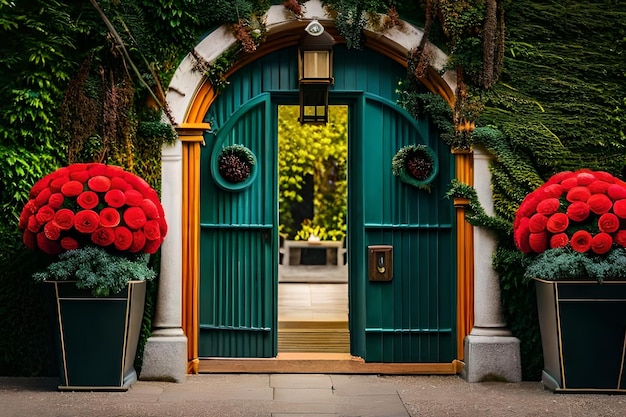 Photo a gate with a red flower on it