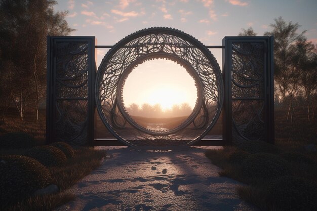 A gate with a sunset in the background