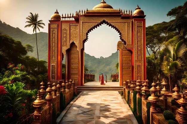 Photo a gate with a woman in a red dress is standing in front of a mountain.