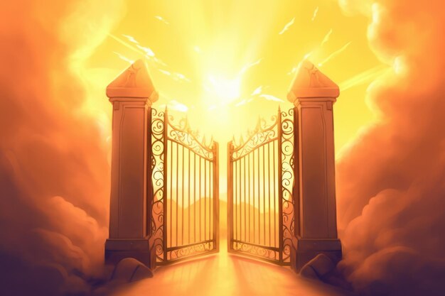 Gates of heaven with clouds and sun setting created using generative ai technology