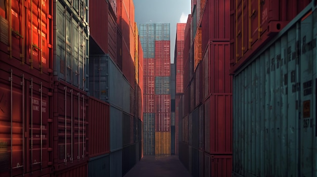 Gateway to Global Trade Stacked Cargo Containers at Freight Sea Port Terminal Symbolizing ExportImpo