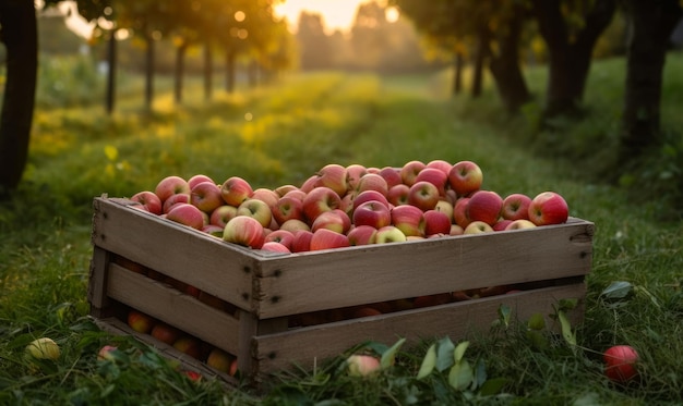 Gathered harvest of apples in the fruit orchard Delicious organic apples in the wooden crate Generative AI