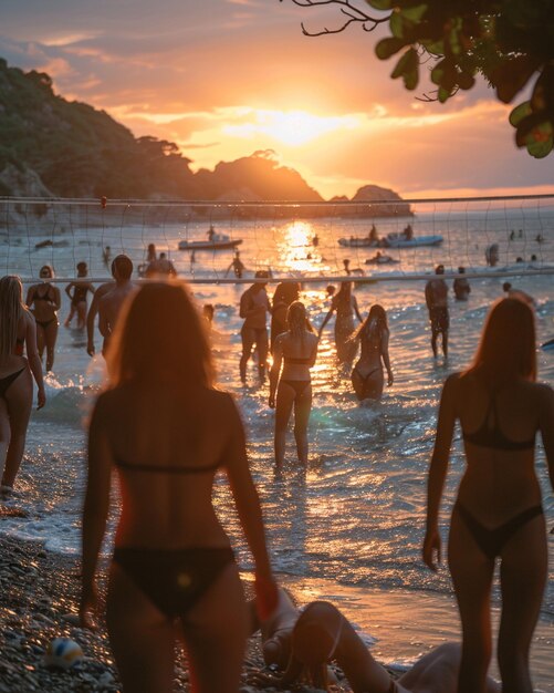 Photo a gathering of friends playing beach volleyball background