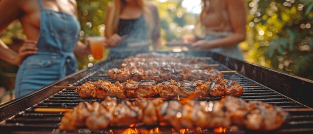 Foto un incontro di individui che parlano, bevono e mangiano mentre si riuniscono attorno alla griglia è un incontro di barbecue per diversi giovani amici
