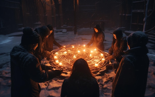 A gathering of individuals encircles and clutches candles