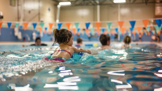 Foto un raduno di individui che si godono una nuotata in una piscina in una giornata di sole con spruzzi d'acqua e