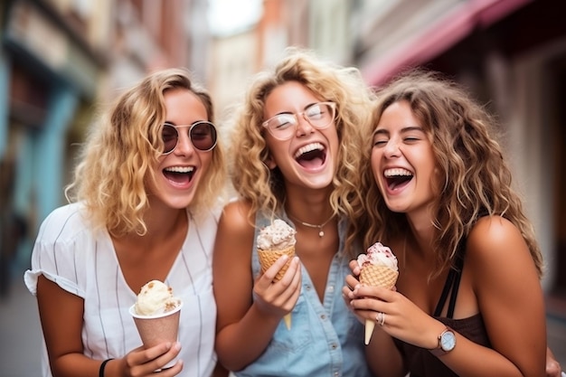 A gathering of joyful women enjoying ice cream outdoors Generative Ai